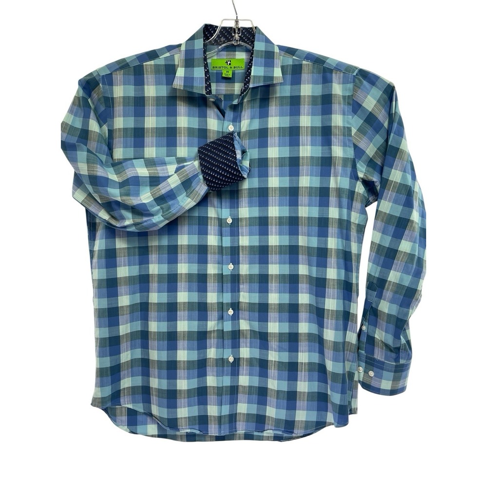 Bristol and Bull Mens Sz Medium Blue Plaid Flip Cuff Dress Shirt (D10) NW/OTs